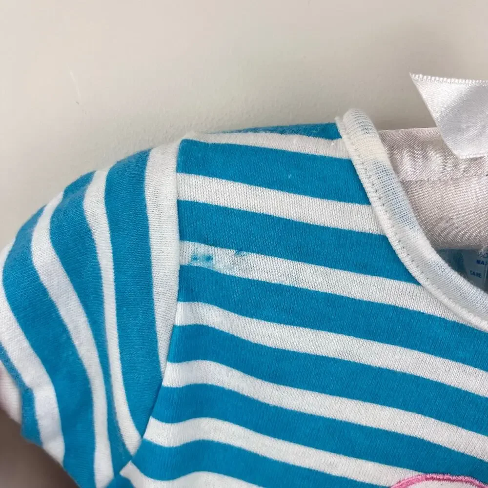 Vintage Hopscotch Blue Striped Teddy Bear Bow Romper 0-6 Months
